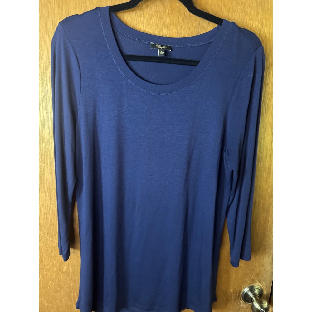 Cupio Womens Navy Blue 3/4 Sleeve Scoop Neck Mixed Media Chiffon Back Top L